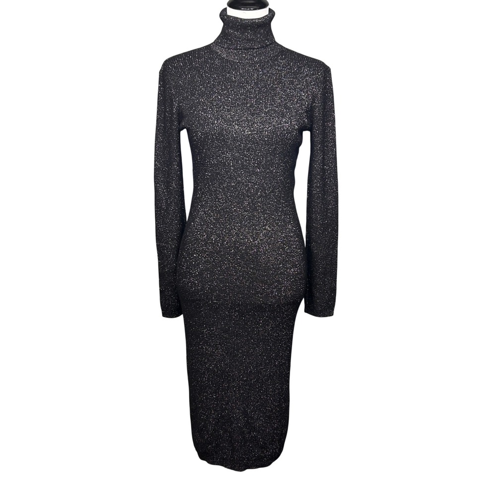Express Turtleneck Dress Women Med Black Metallic Ribbed Knit Long Sleeve Glam